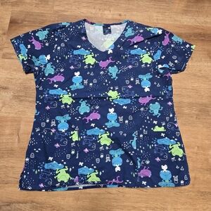 Navy V-neck Zoe + Chloe Medical Scrub Top with Colorful Frog Print  Medium